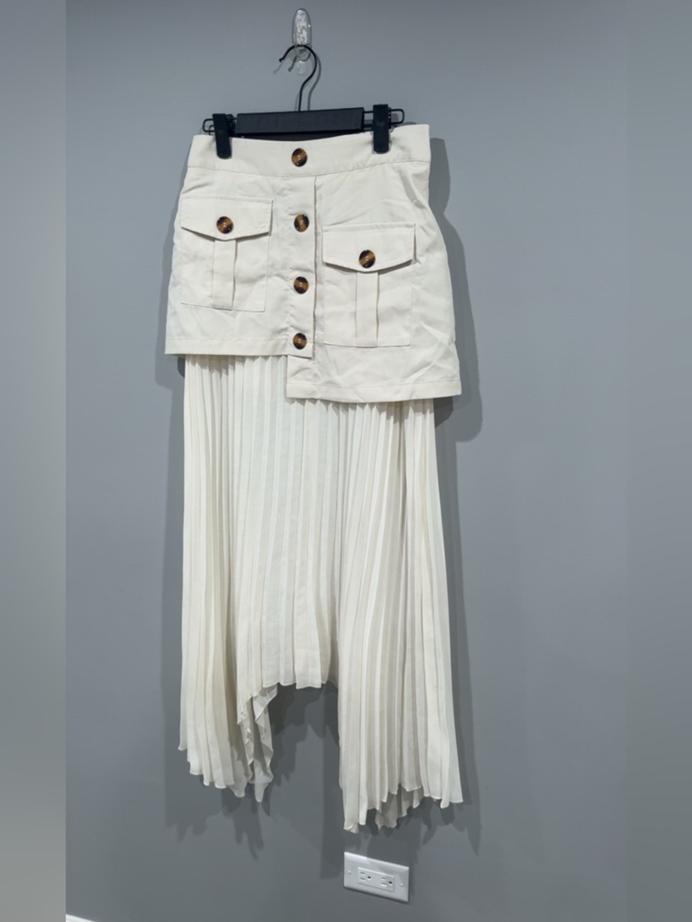 Commense Cream Asymmetric Pleated Maxi Skirt with Buttoned Waist - Picture 6 of 7